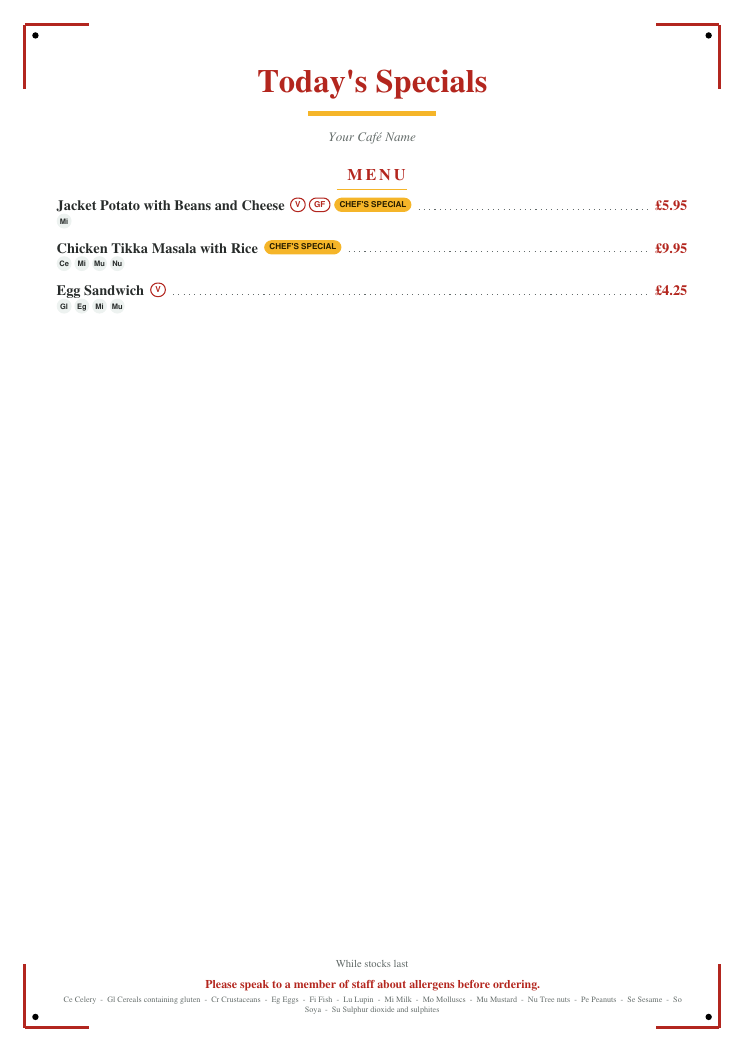 Daily specials, an example printable menu made with the Bistro template