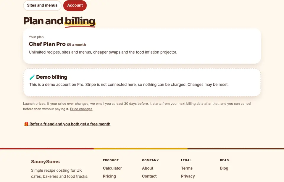 Plan and billing: a screenshot of the SaucySums members' area. Change or cancel your plan in a couple of taps.