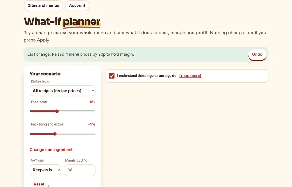 What-if planner and Food Inflation Projector: a screenshot of the SaucySums members' area. Try a price rise before it hits your menu.
