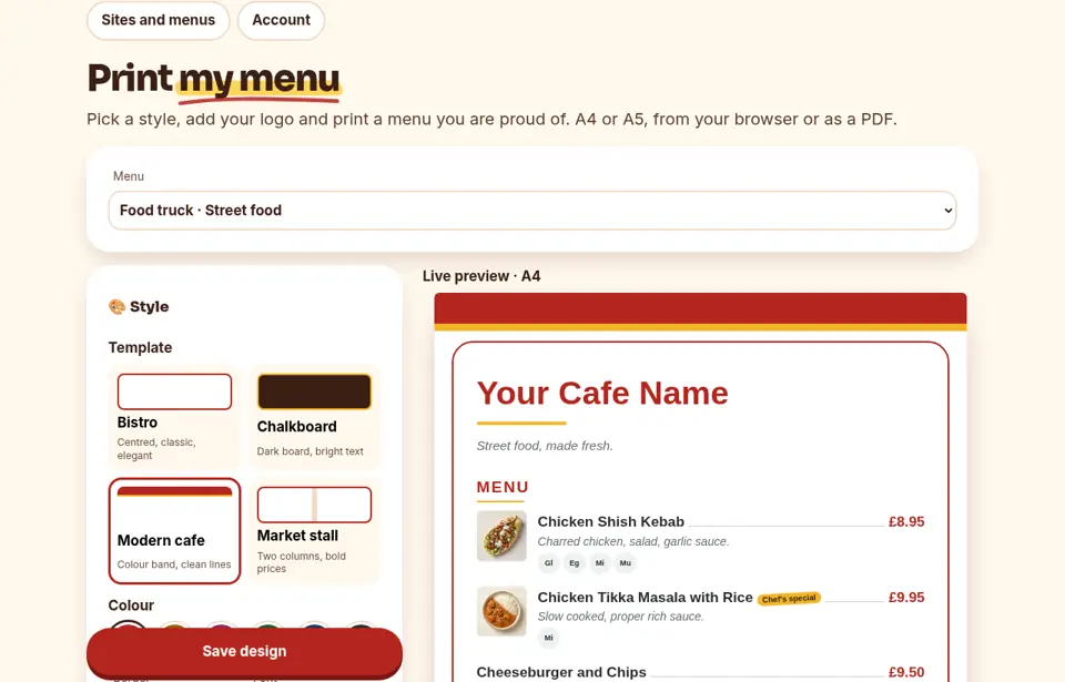 Print my menu with dish photos: a screenshot of the SaucySums members' area. Pick a template, add photos, print A4 or A5.