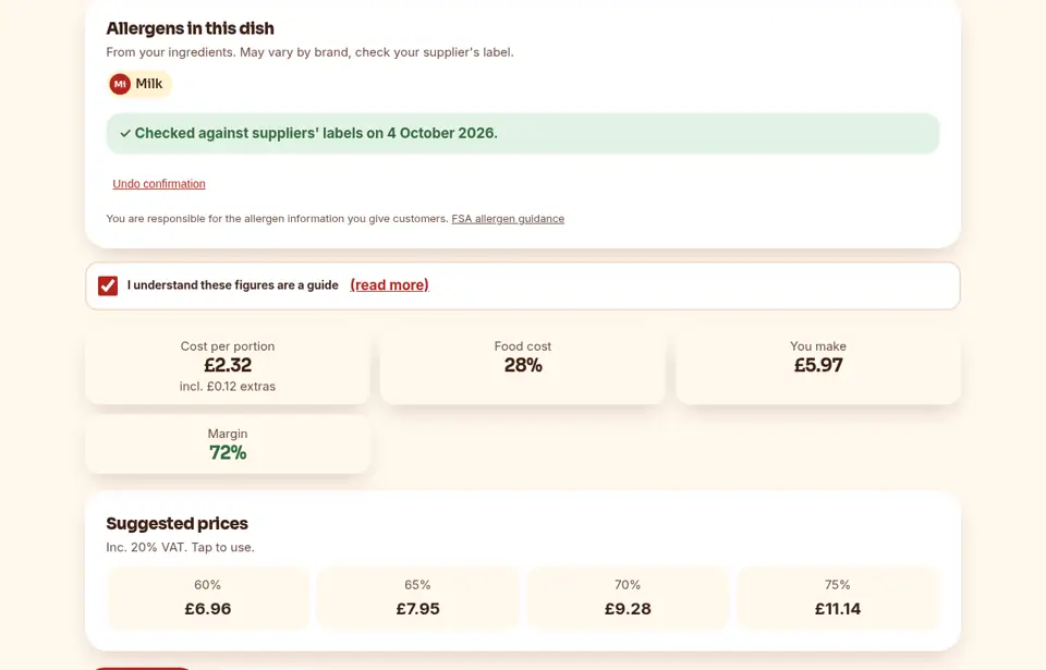 Recipe costing with allergen alert: a screenshot of the SaucySums members' area. Allergens follow your ingredients, so you just check and confirm.