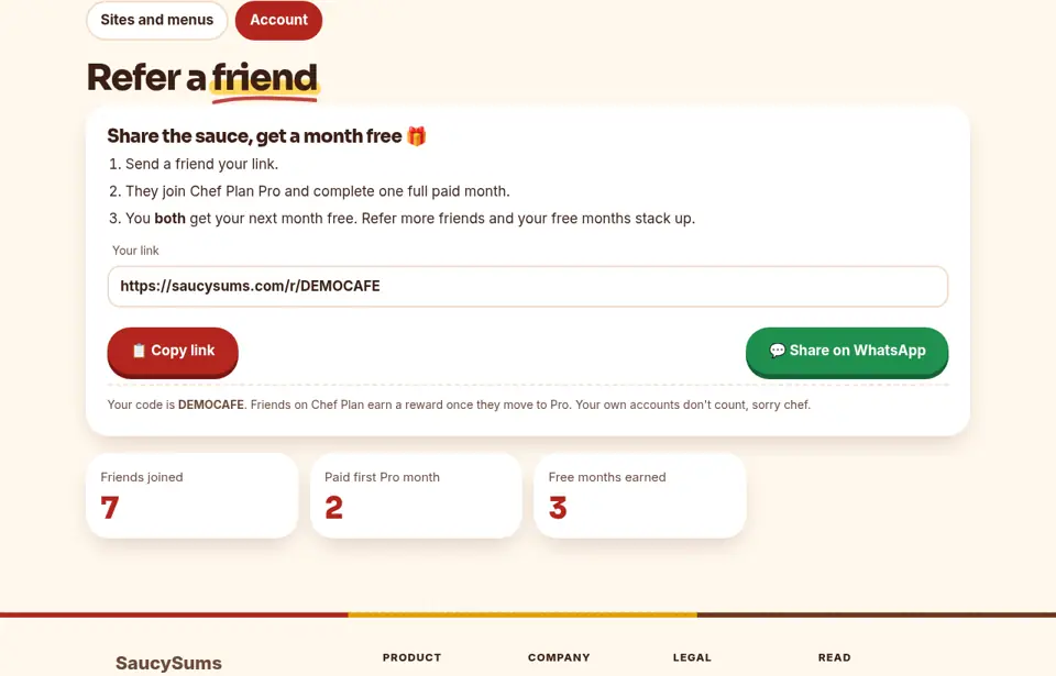 Refer a friend: a screenshot of the SaucySums members' area. Share your link and you both get a free month.