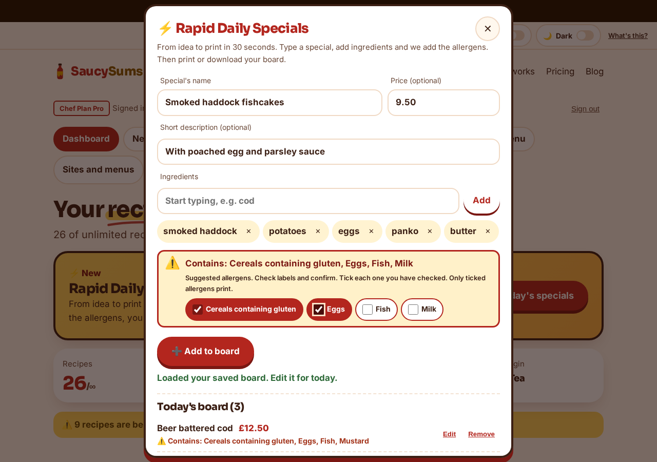 The Rapid Daily Specials pop-up with an allergen alert