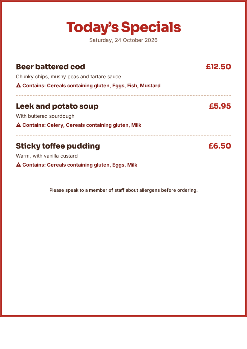 A printed Today's Specials board with allergen lines